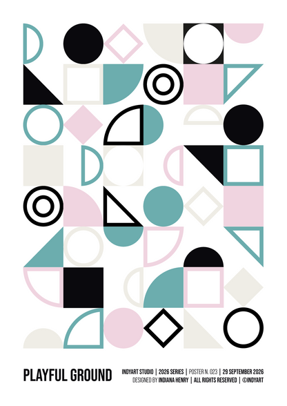 Affiche PLAYFUL GROUND — composition géométrique turquoise, rose, crème et noire.